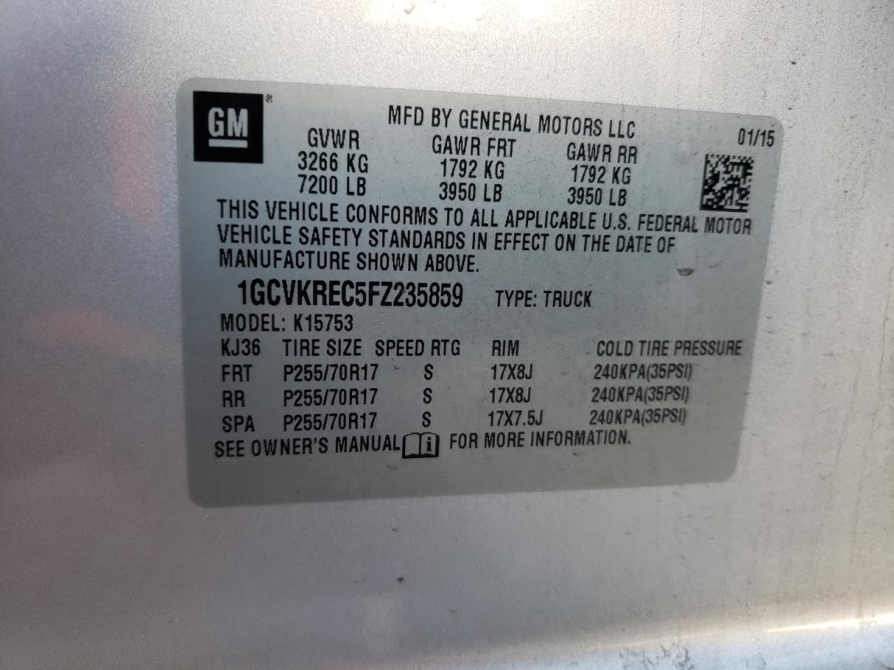 Photo 10 from auction – 2015 CHEVROLET SILVERADO with VIN 1GCVKREC5FZ235859