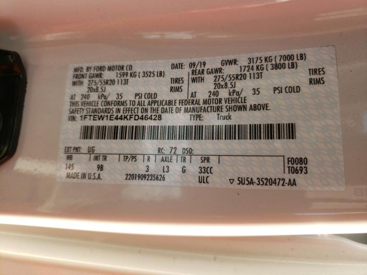Photo 10 from auction – 2019 FORD F150 SUPER with VIN 1FTEW1E44KFD46428