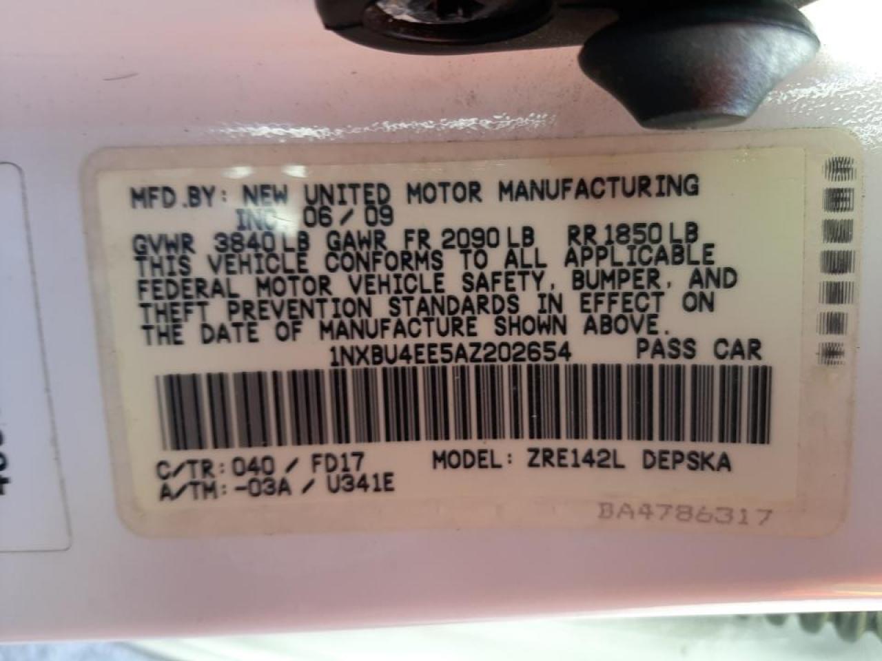Photo 10 from auction – 2010 TOYOTA COROLLA BA with VIN 1NXBU4EE5AZ202654