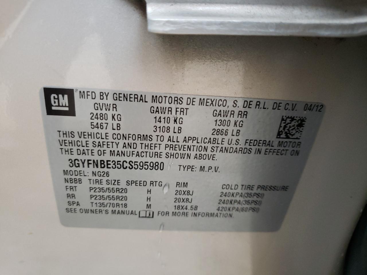 Foto 10 de la subasta – 2012 CADILLAC SRX PERFOR con VIN 3GYFNBE35CS595980