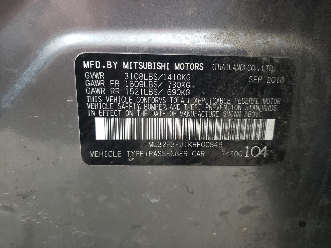 Photo 10 from auction – 2019 MITSUBISHI MIRAGE G4 with VIN ML32F3FJ1KHF00848