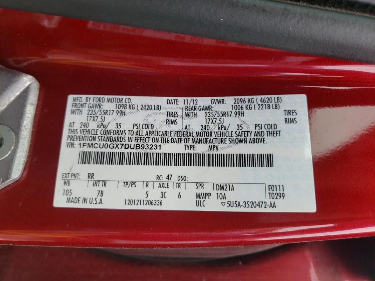 Photo 10 from auction – 2013 FORD ESCAPE SE with VIN 1FMCU0GX7DUB93231