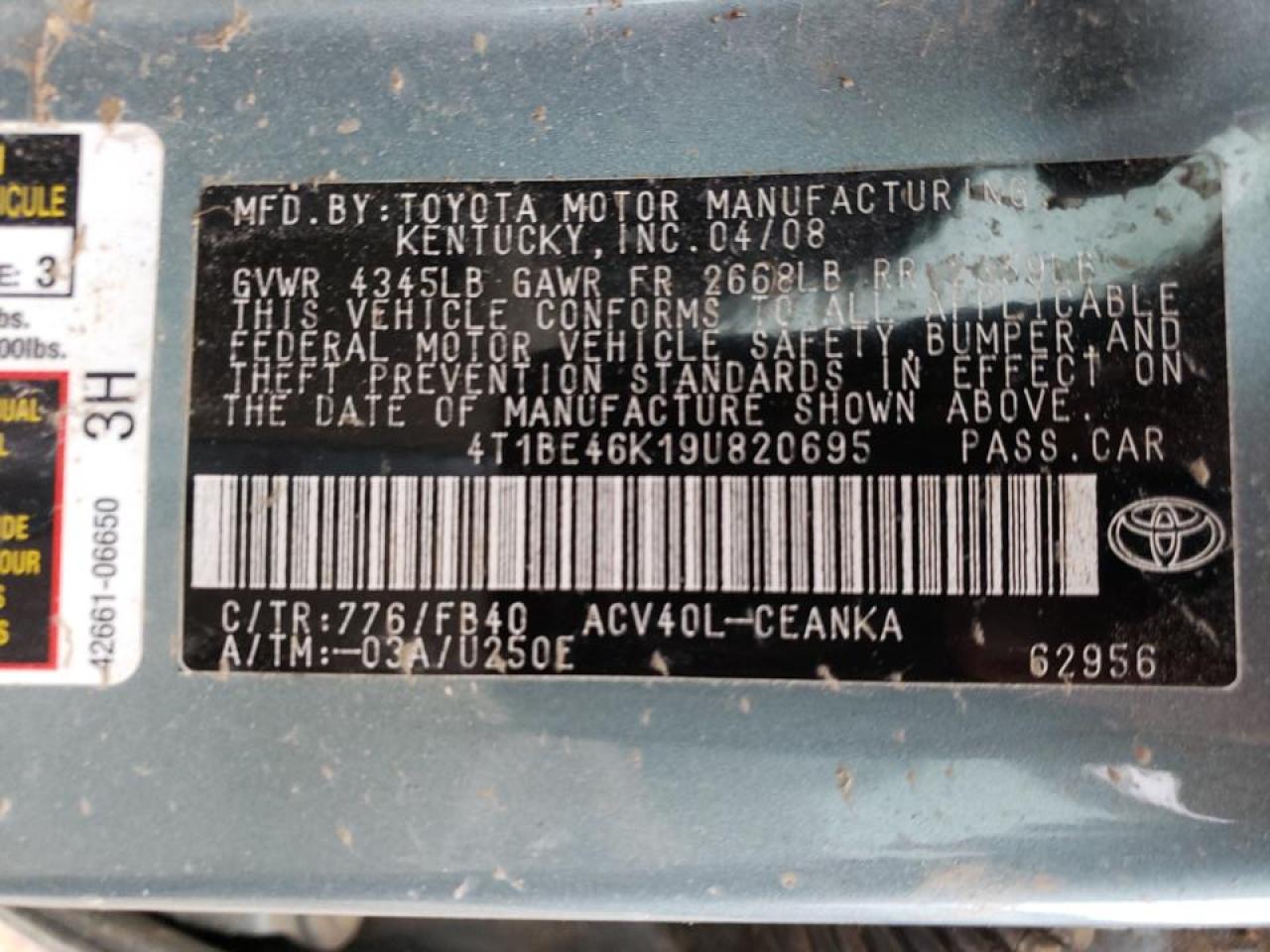 Photo 10 from auction – 2009 TOYOTA CAMRY BASE with VIN 4T1BE46K19U820695