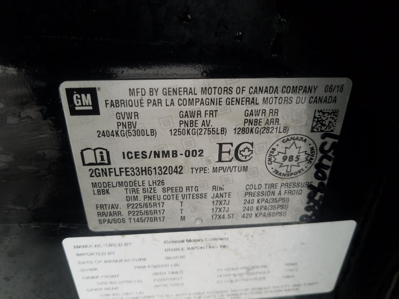 Photo 10 from auction – 2017 CHEVROLET EQUINOX LT with VIN 2GNFLFE33H6132042