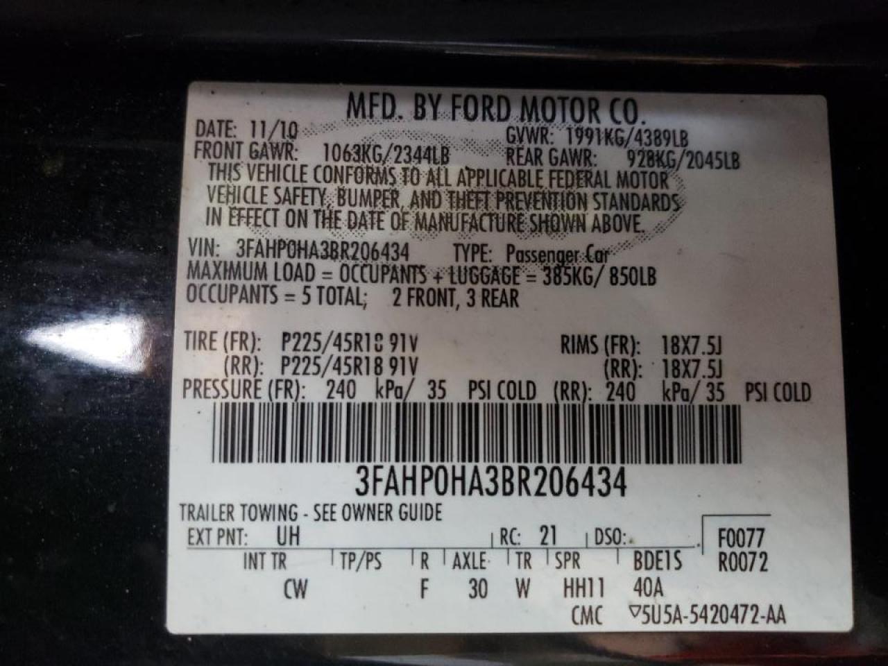 Photo 10 from auction – 2011 FORD FUSION SE with VIN 3FAHP0HA3BR206434