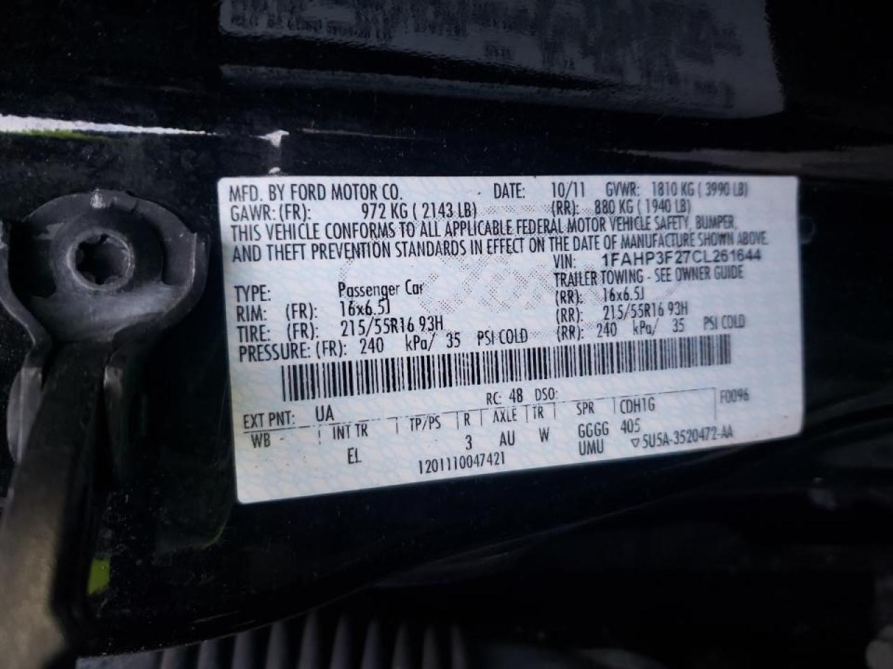 Photo 10 from auction – 2012 FORD FOCUS SE with VIN 1FAHP3F27CL261644