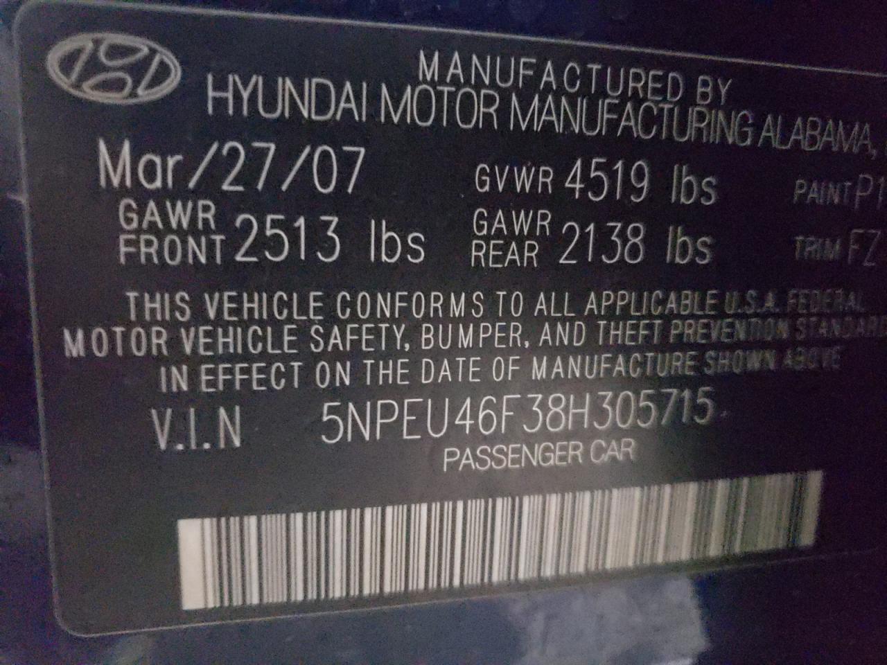 Photo 10 from auction – 2008 HYUNDAI SONATA SE with VIN 5NPEU46F38H305715