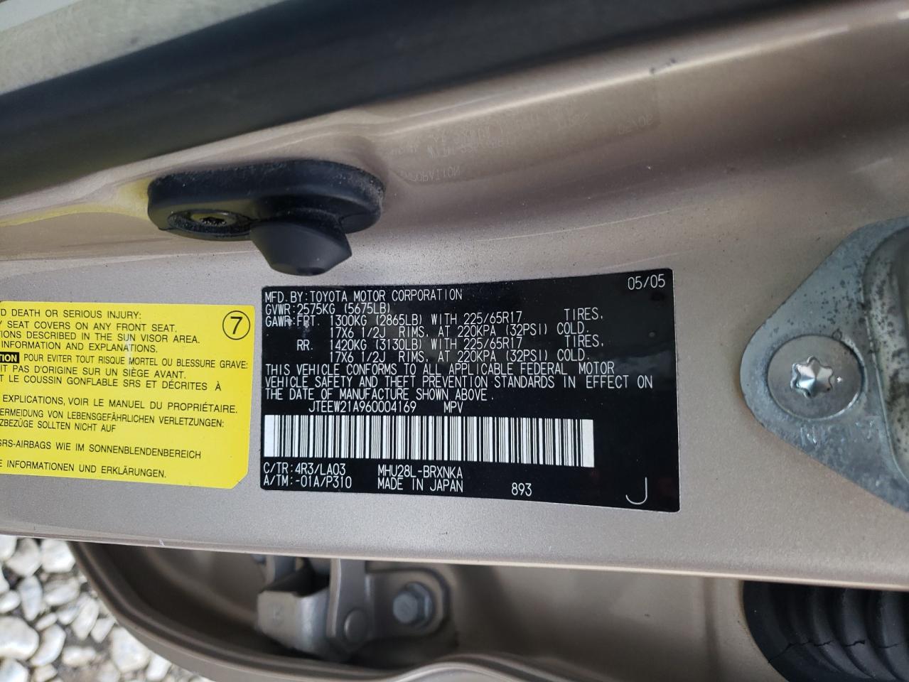 Photo 10 from auction – 2006 TOYOTA HIGHLANDER with VIN JTEEW21A960004169