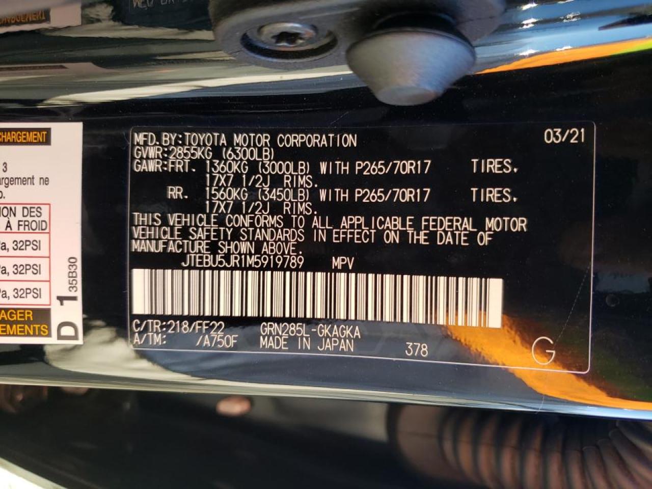 Photo 10 from auction – 2021 TOYOTA 4RUNNER SR with VIN JTEBU5JR1M5919789