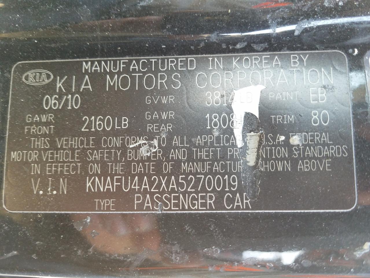 Photo 10 from auction – 2010 KIA FORTE EX with VIN KNAFU4A2XA5270019