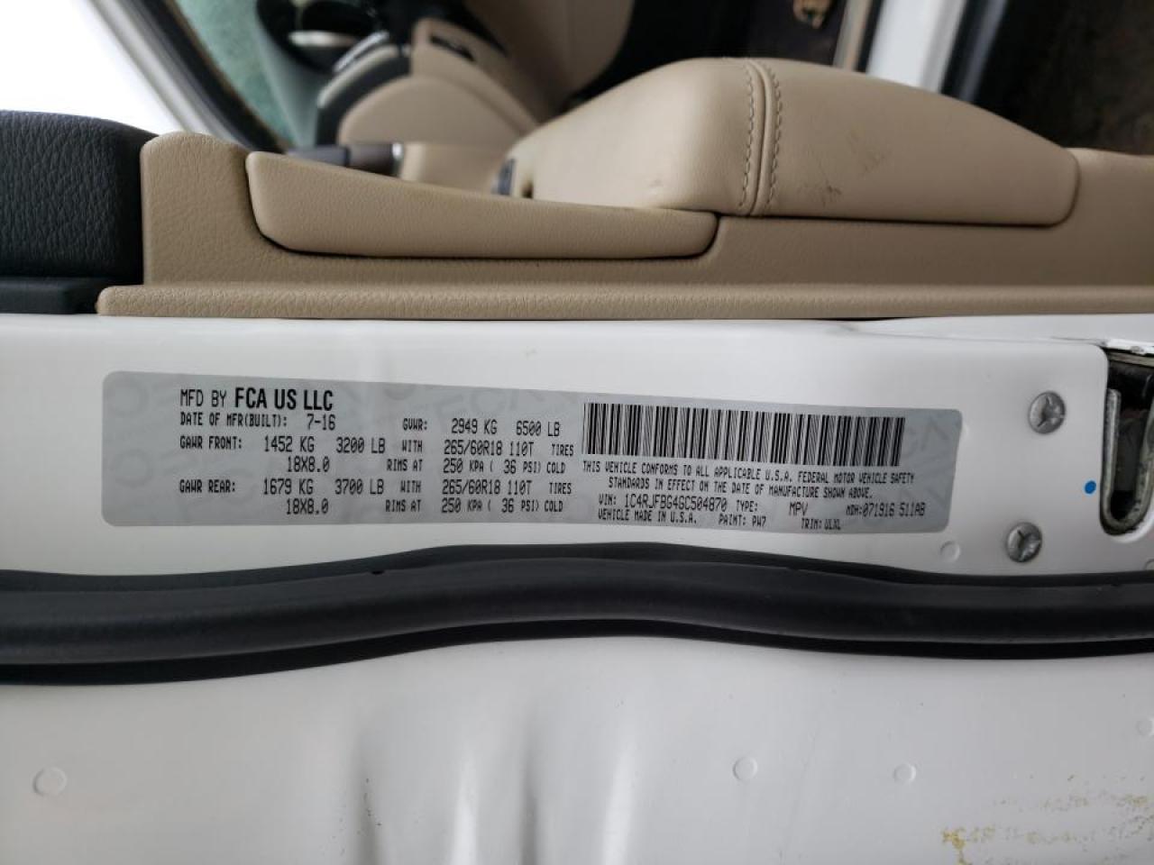 Photo 10 from auction – 2016 JEEP GRAND CHER with VIN 1C4RJFBG4GC504870