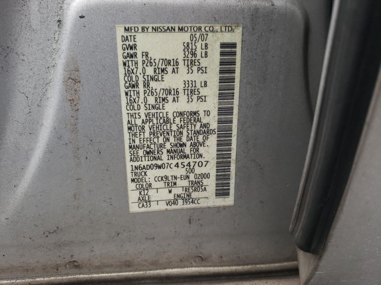 Photo 10 from auction – 2007 NISSAN FRONTIER with VIN 1N6AD09W07C454707