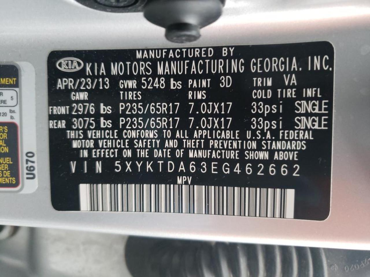 Photo 10 from auction – 2014 KIA SORENTO LX with VIN 5XYKTDA63EG462662
