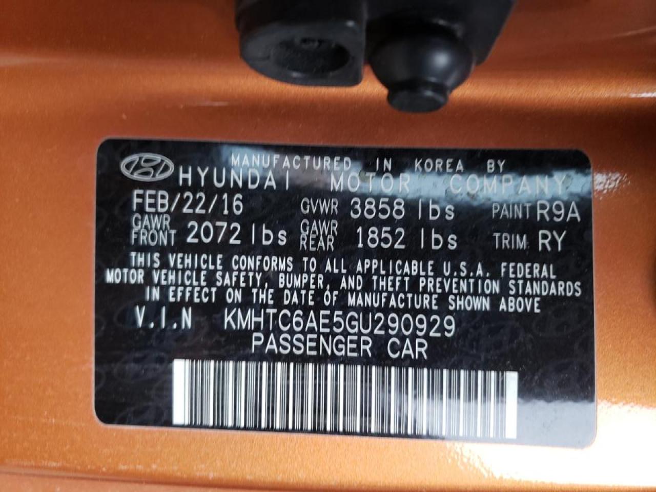 Photo 10 from auction – 2016 HYUNDAI VELOSTER T with VIN KMHTC6AE5GU290929