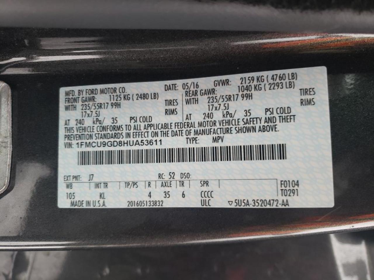 Photo 10 from auction – 2017 FORD ESCAPE SE with VIN 1FMCU9GD8HUA53611