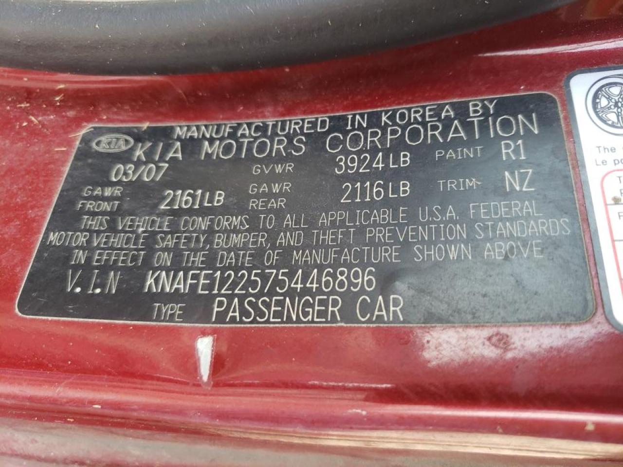 Photo 10 from auction – 2007 KIA SPECTRA EX with VIN KNAFE122575446896