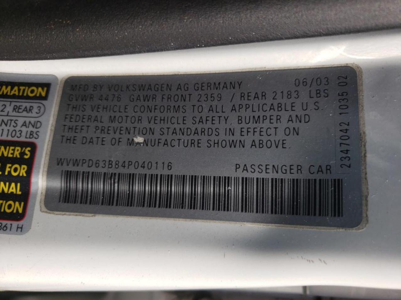 Photo 10 from auction – 2004 VOLKSWAGEN PASSAT GLS with VIN WVWPD63B84P040116