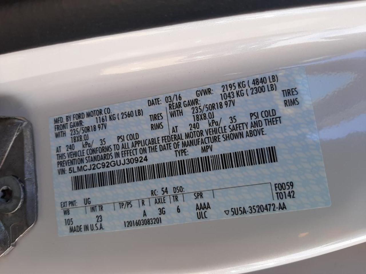 Photo 10 from auction – 2016 LINCOLN MKC SELECT with VIN 5LMCJ2C92GUJ30924