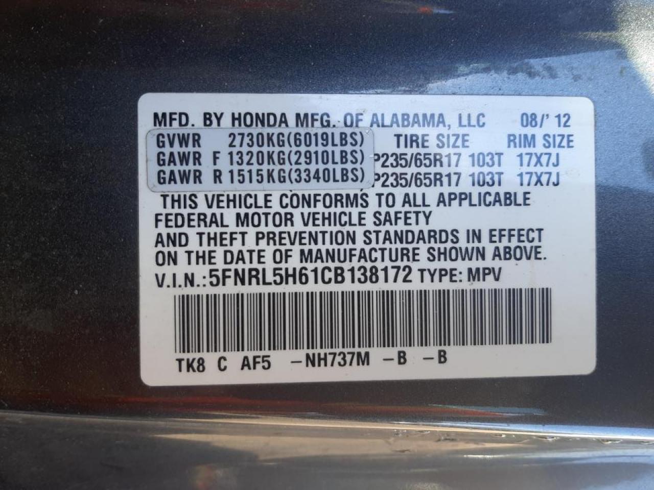 Photo 10 from auction – 2012 HONDA ODYSSEY EX with VIN 5FNRL5H61CB138172