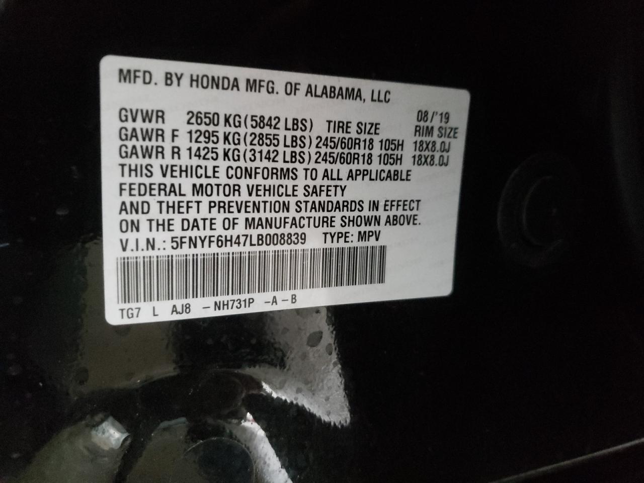 Photo 10 from auction – 2020 HONDA PILOT EXL with VIN 5FNYF6H47LB008839