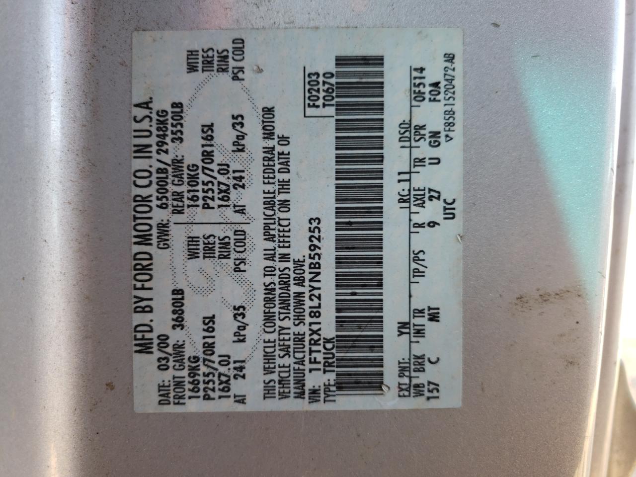 Photo 10 from auction – 2000 FORD F150 with VIN 1FTRX18L2YNB59253