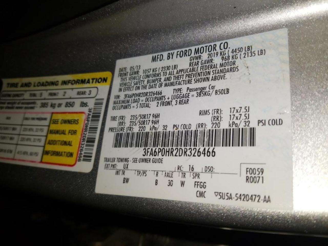 Photo 10 from auction – 2013 FORD FUSION SE with VIN 3FA6P0HR2DR326466
