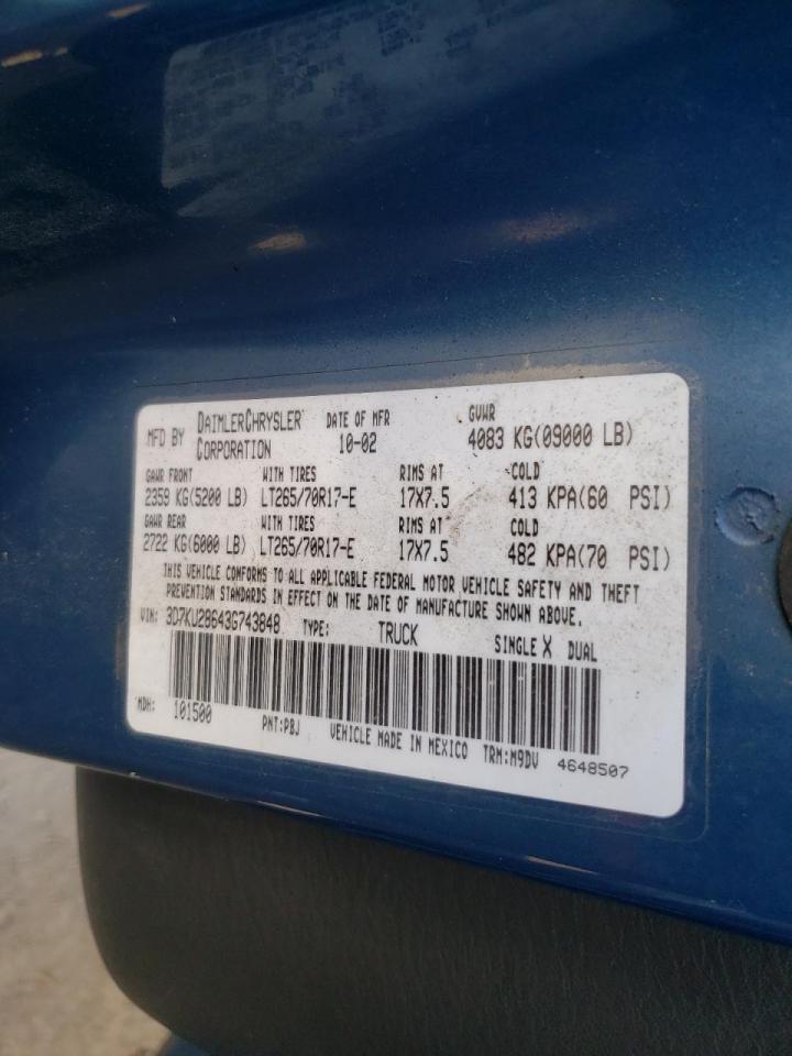 Photo 10 from auction – 2003 DODGE RAM 2500 S with VIN 3D7KU28643G743848