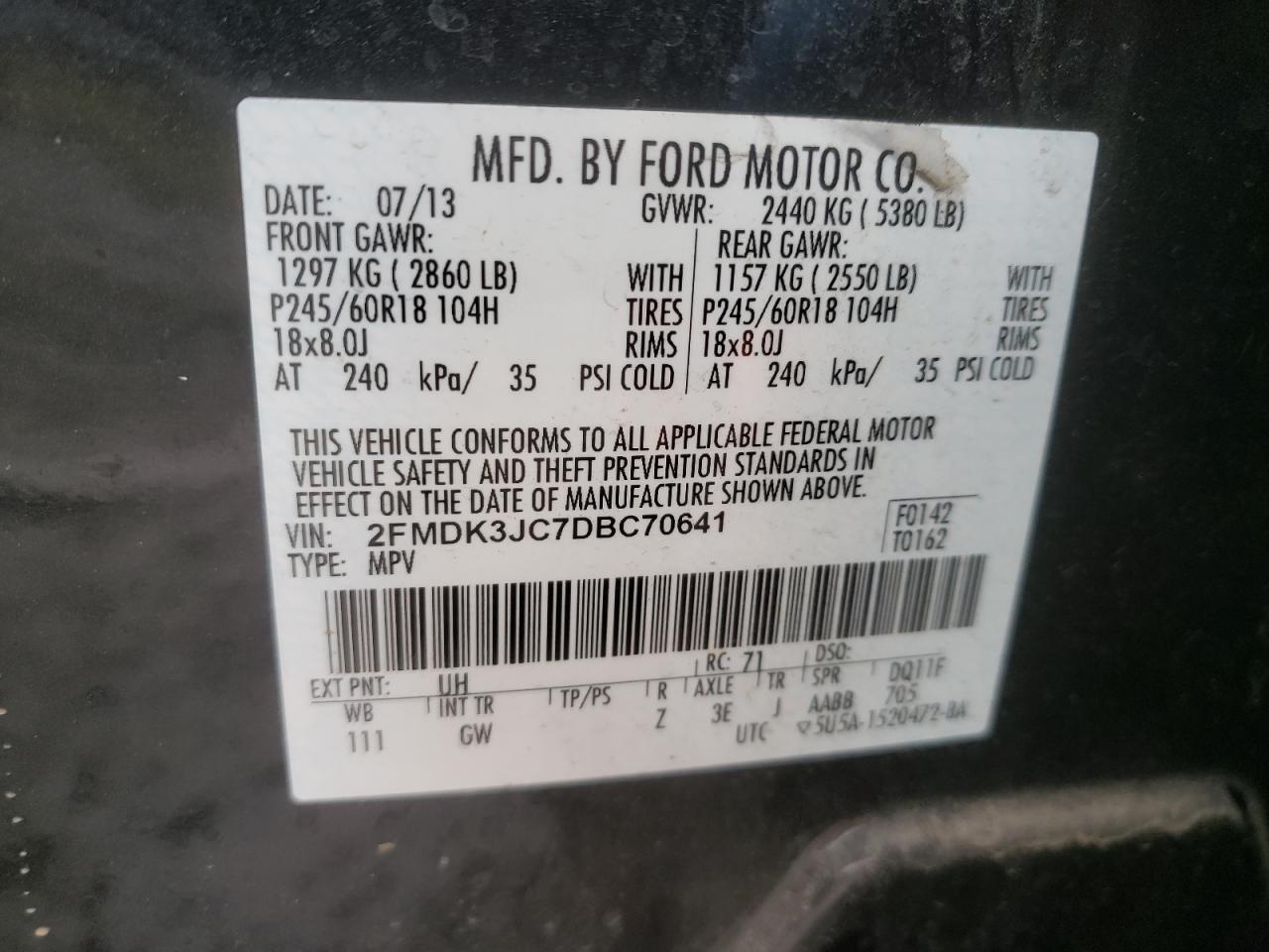 Photo 10 from auction – 2013 FORD EDGE SEL with VIN 2FMDK3JC7DBC70641