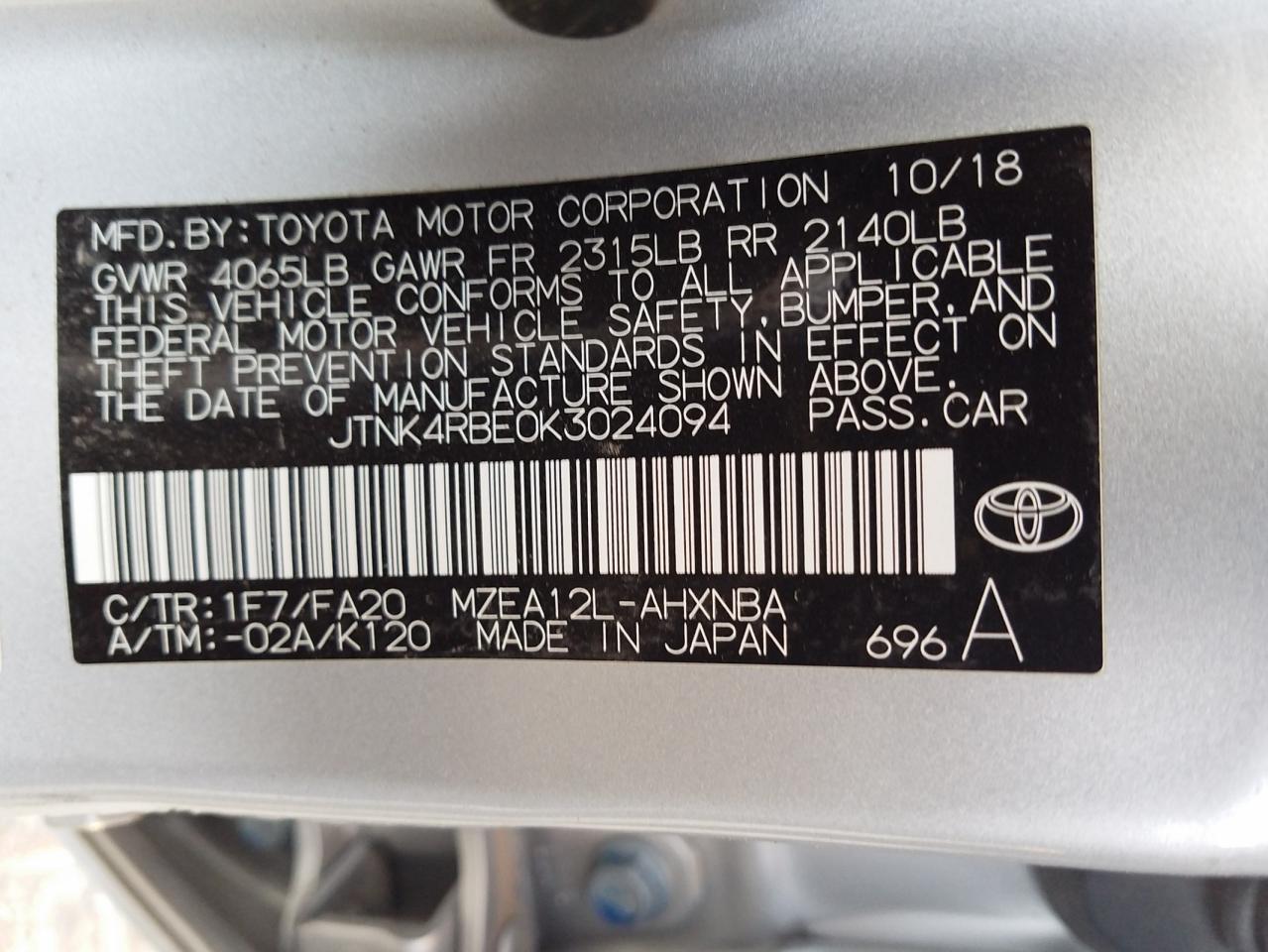 Photo 10 from auction – 2019 TOYOTA COROLLA SE with VIN JTNK4RBE0K3024094