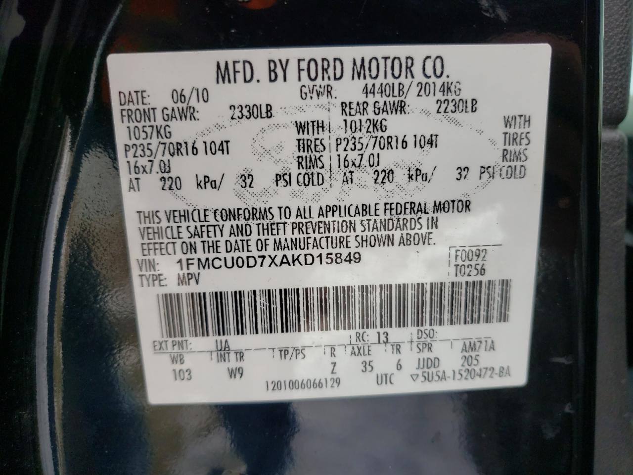 Photo 10 from auction – 2010 FORD ESCAPE XLT with VIN 1FMCU0D7XAKD15849