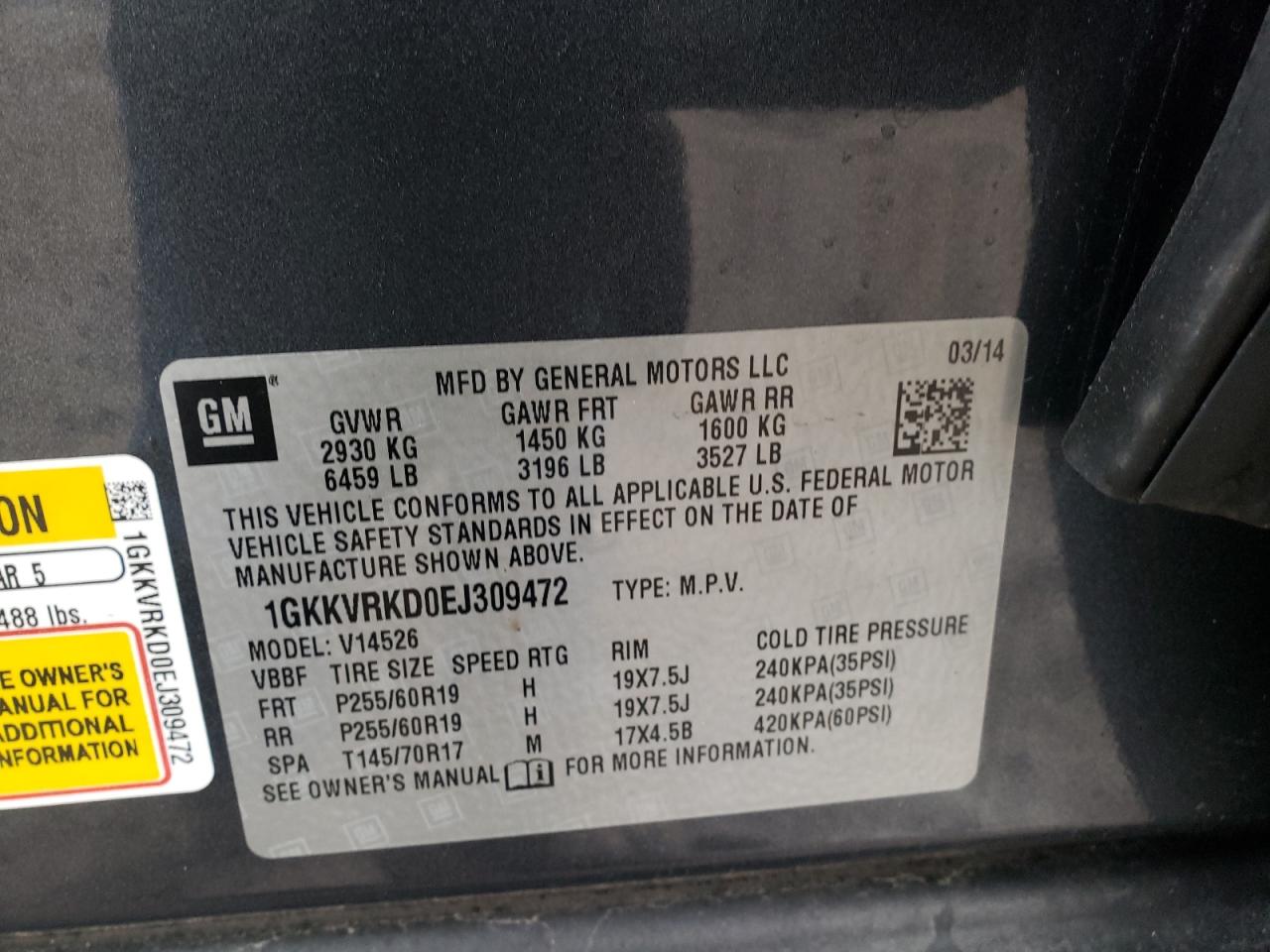 Photo 10 from auction – 2014 GMC ACADIA SLT with VIN 1GKKVRKD0EJ309472