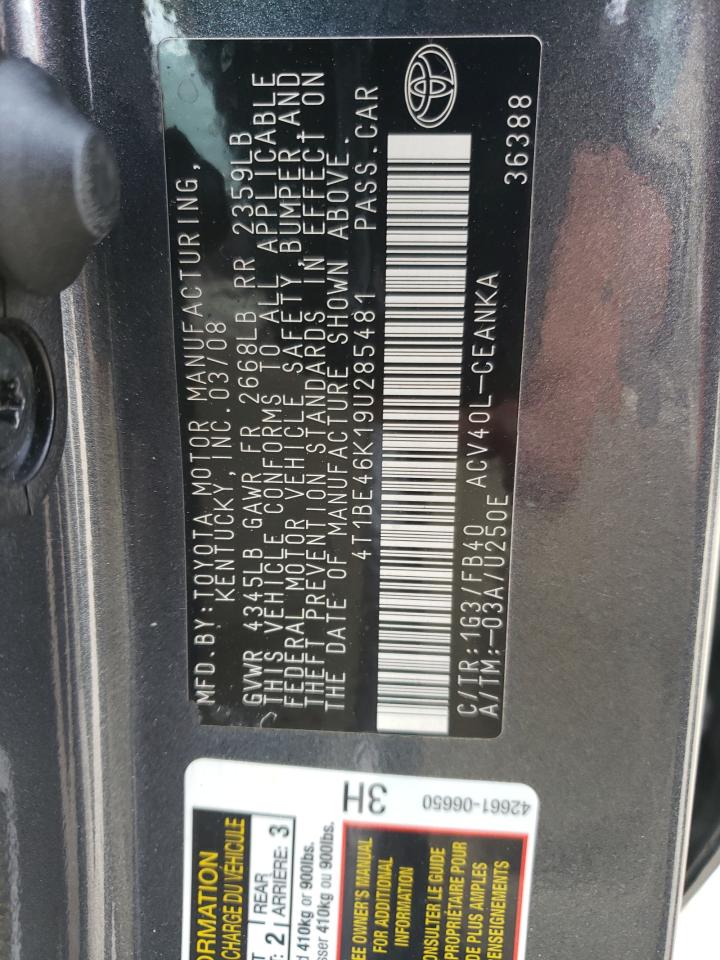 Photo 10 from auction – 2009 TOYOTA CAMRY BASE with VIN 4T1BE46K19U285481