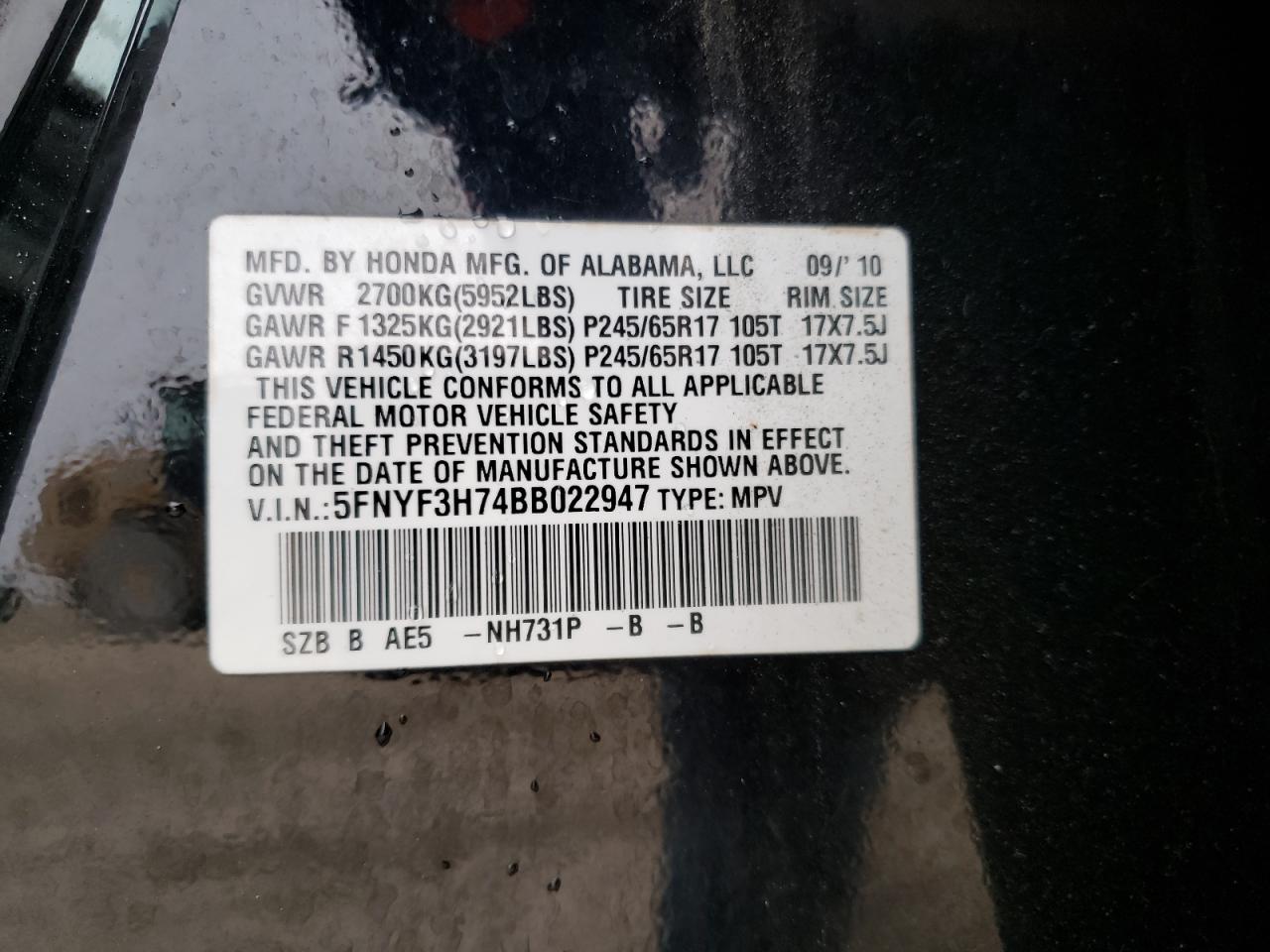 Photo 10 from auction – 2011 HONDA PILOT EXLN with VIN 5FNYF3H74BB022947