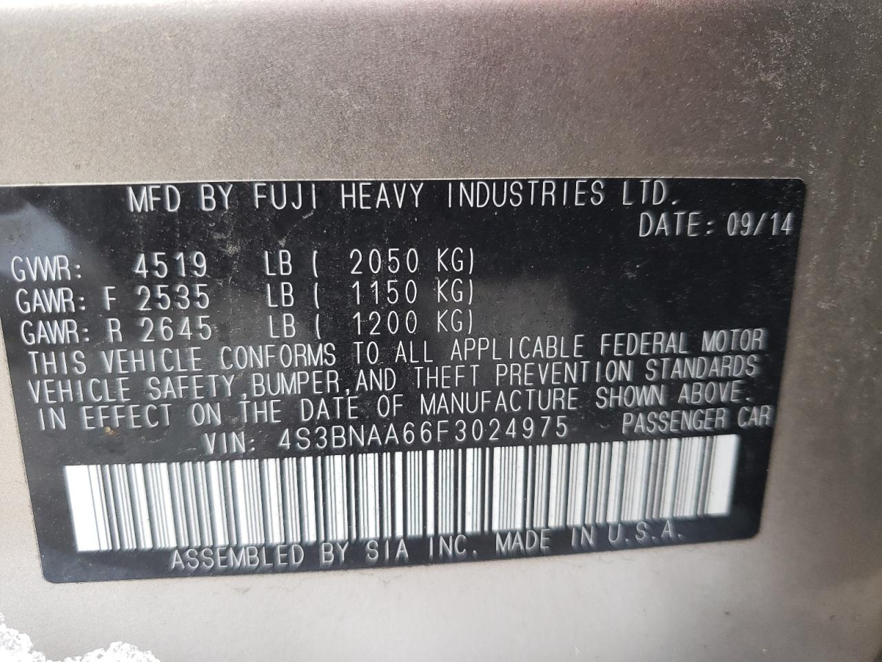 Photo 10 from auction – 2015 SUBARU LEGACY 2.5 with VIN 4S3BNAA66F3024975
