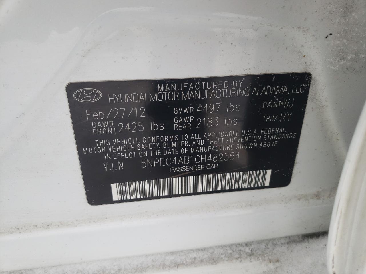 Photo 10 from auction – 2012 HYUNDAI SONATA SE with VIN 5NPEC4AB1CH482554