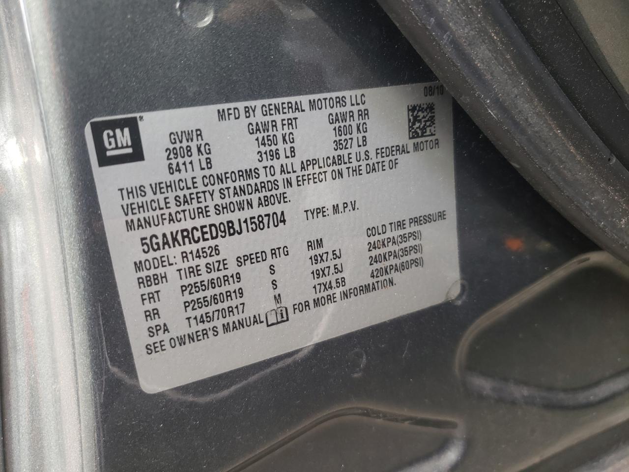 Photo 10 from auction – 2011 BUICK ENCLAVE CX with VIN 5GAKRCED9BJ158704