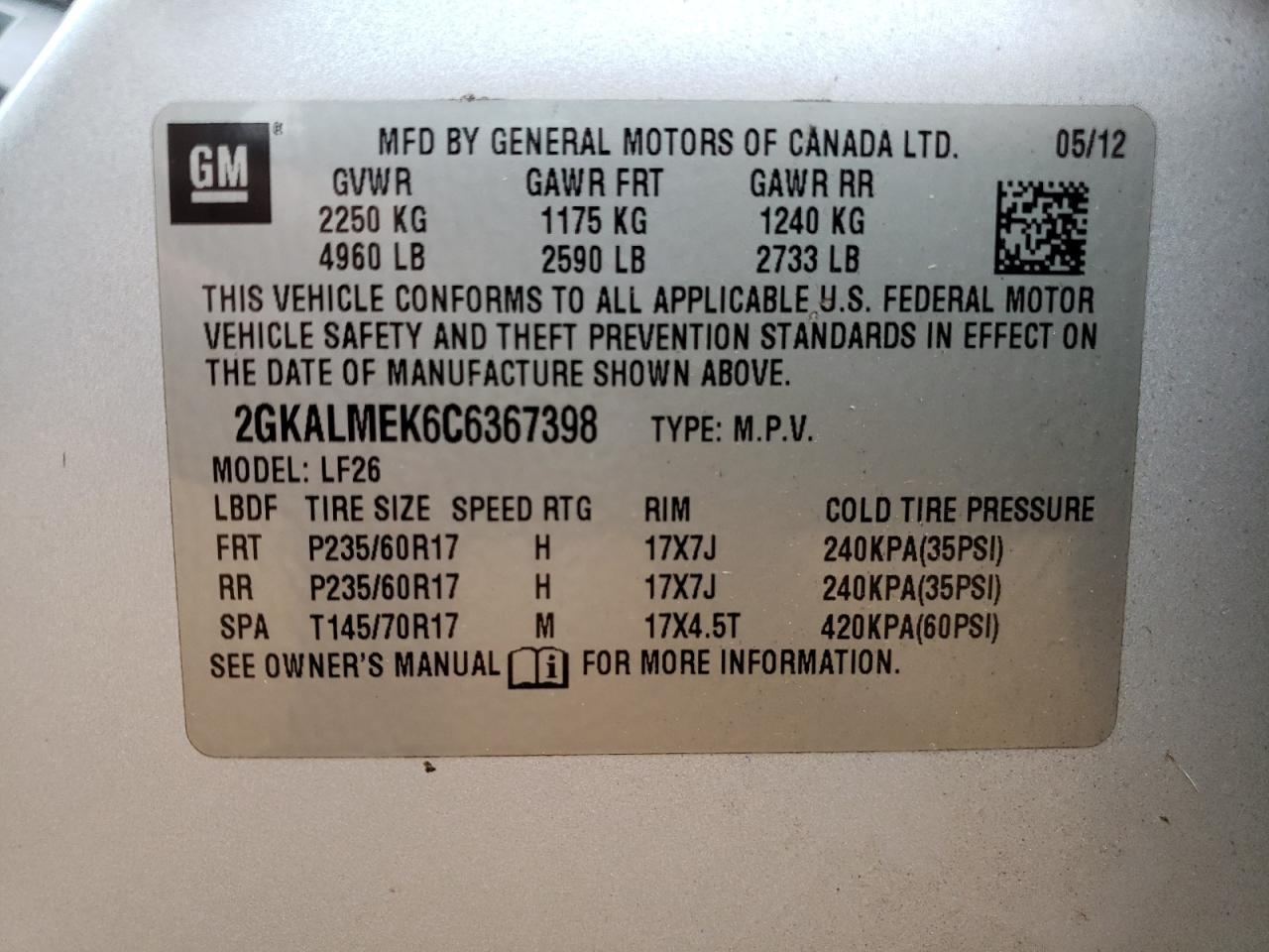 Photo 10 from auction – 2012 GMC TERRAIN SL with VIN 2GKALMEK6C6367398