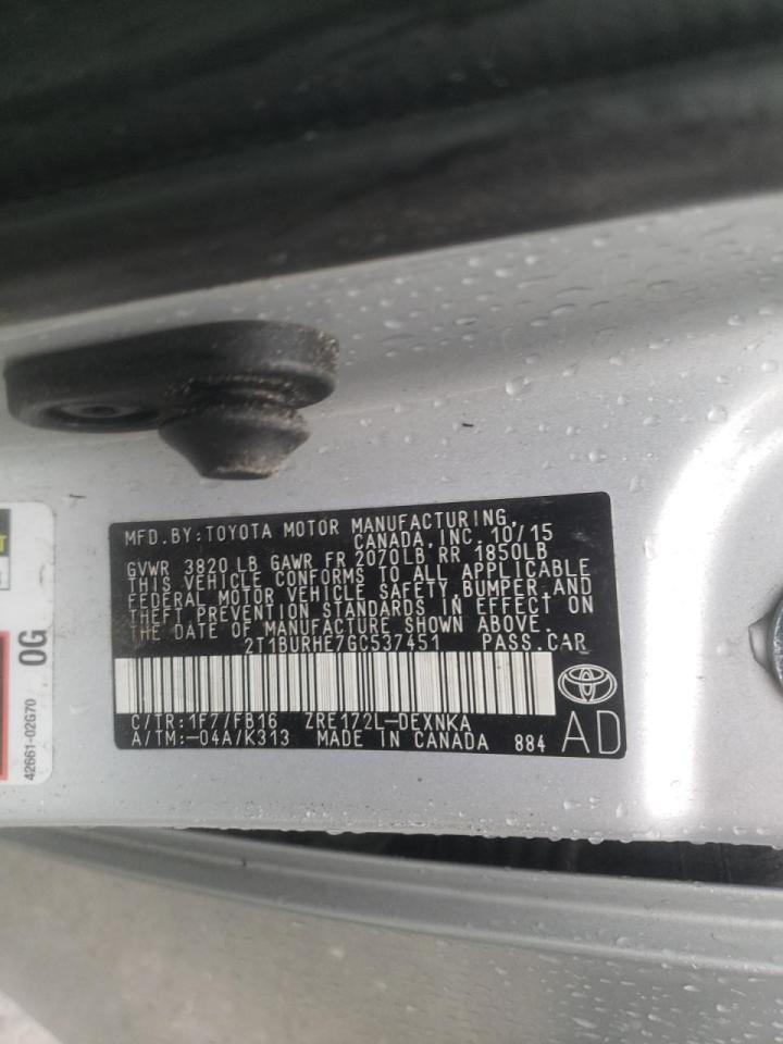 Photo 10 from auction – 2016 TOYOTA COROLLA L with VIN 2T1BURHE7GC537451
