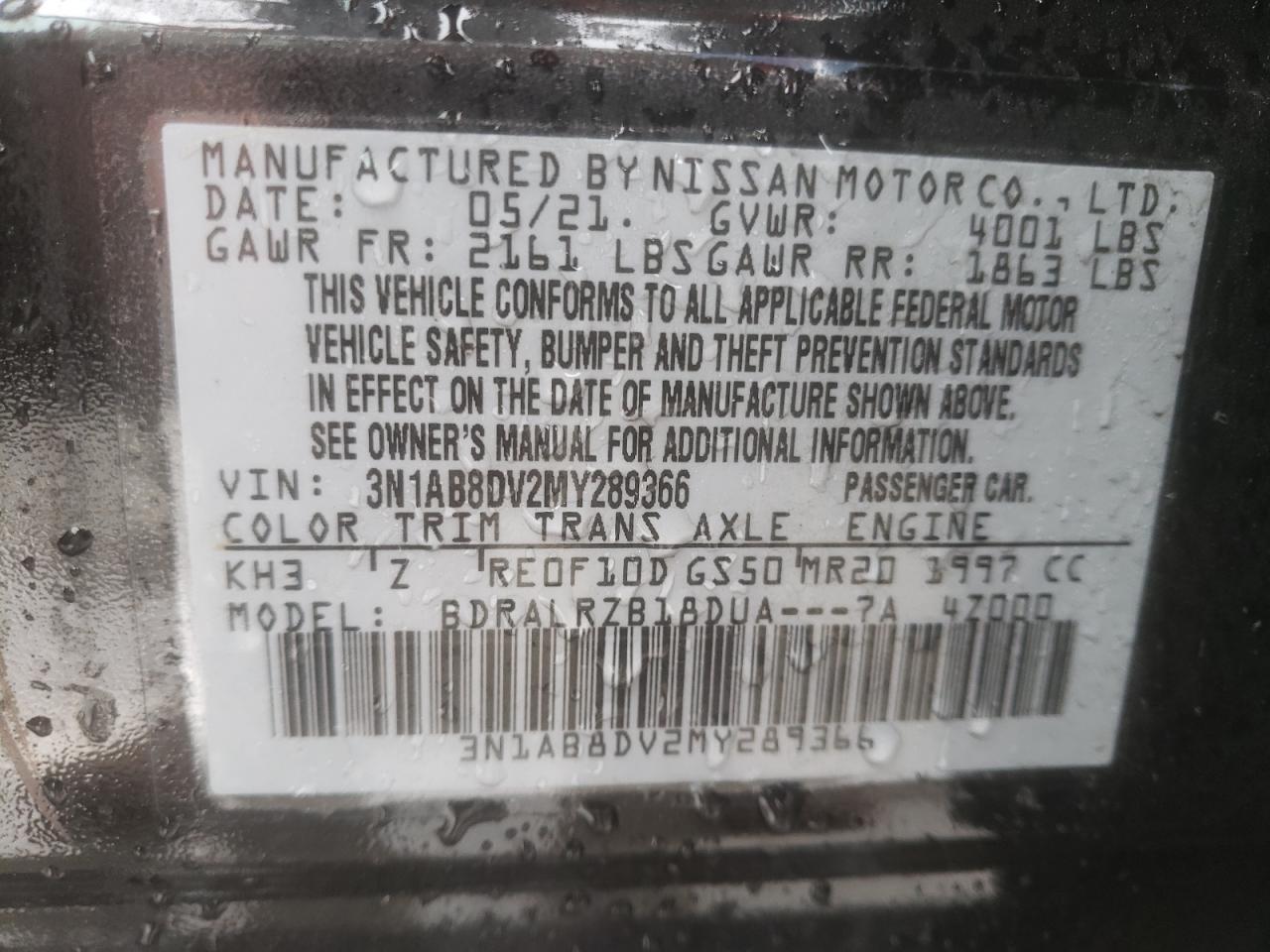 Photo 10 from auction – 2021 NISSAN SENTRA SR with VIN 3N1AB8DV2MY289366