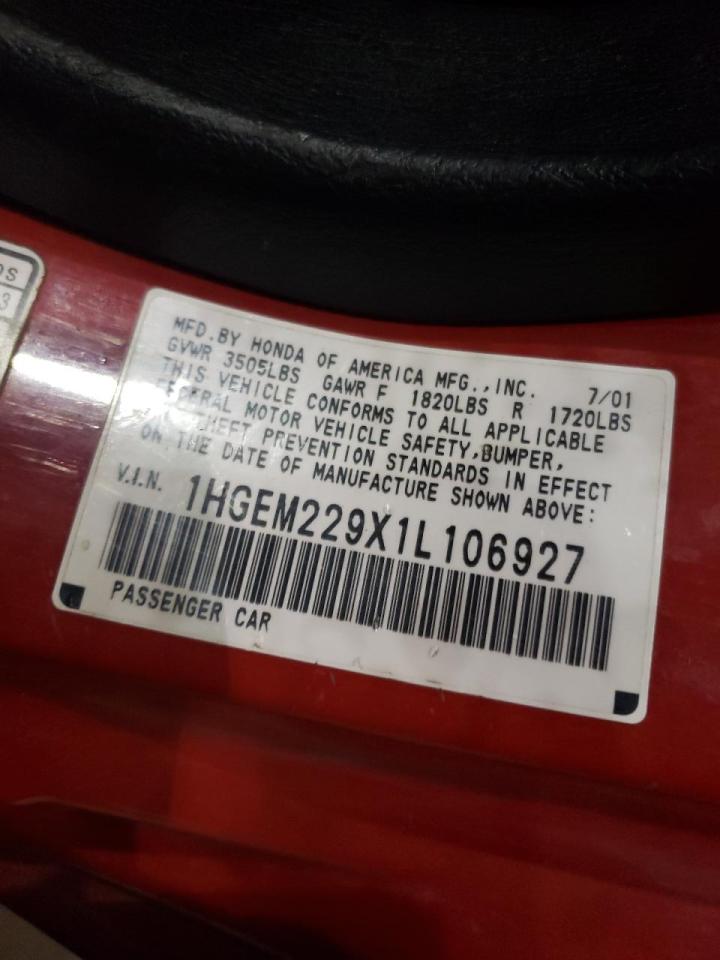 Photo 10 from auction – 2001 HONDA CIVIC SI with VIN 1HGEM229X1L106927