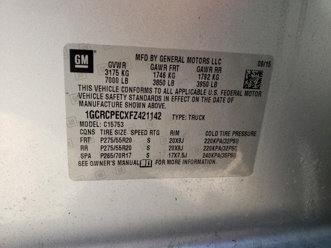 Photo 10 from auction – 2015 CHEVROLET SILVERADO with VIN 1GCRCPECXFZ421142