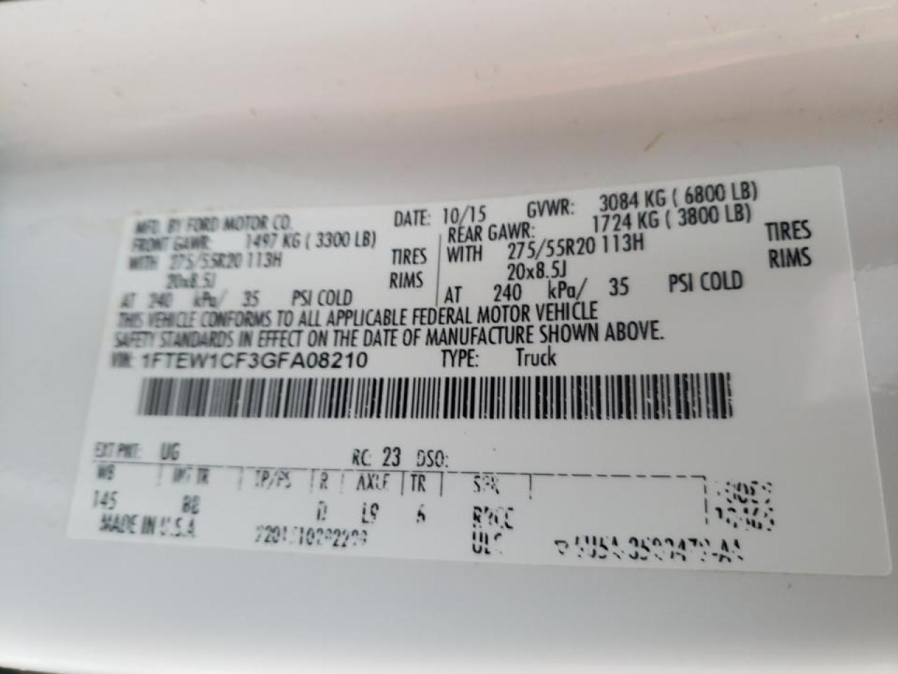 Photo 10 from auction – 2016 FORD F150 SUPER with VIN 1FTEW1CF3GFA08210