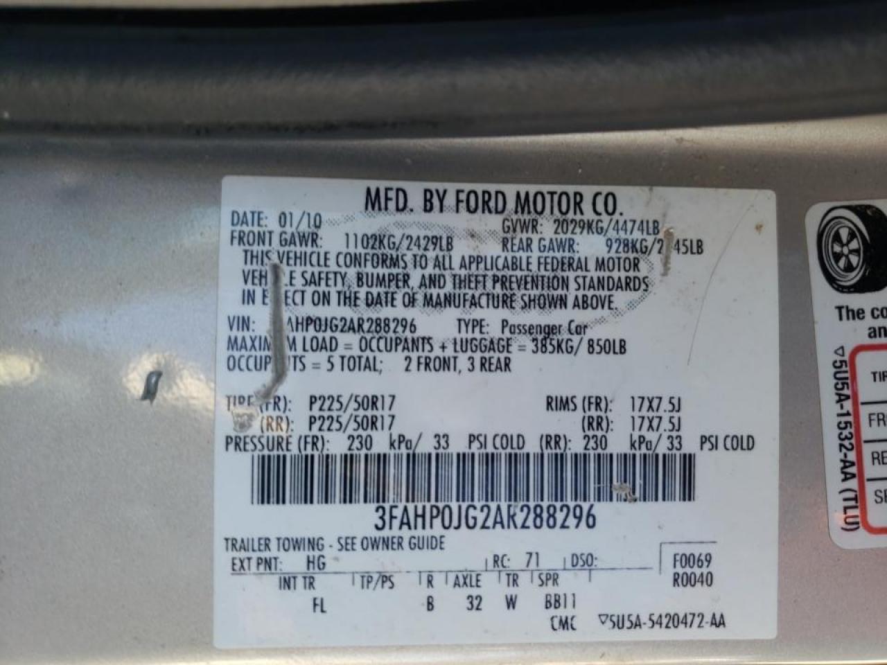 Photo 10 from auction – 2010 FORD FUSION SEL with VIN 3FAHP0JG2AR288296