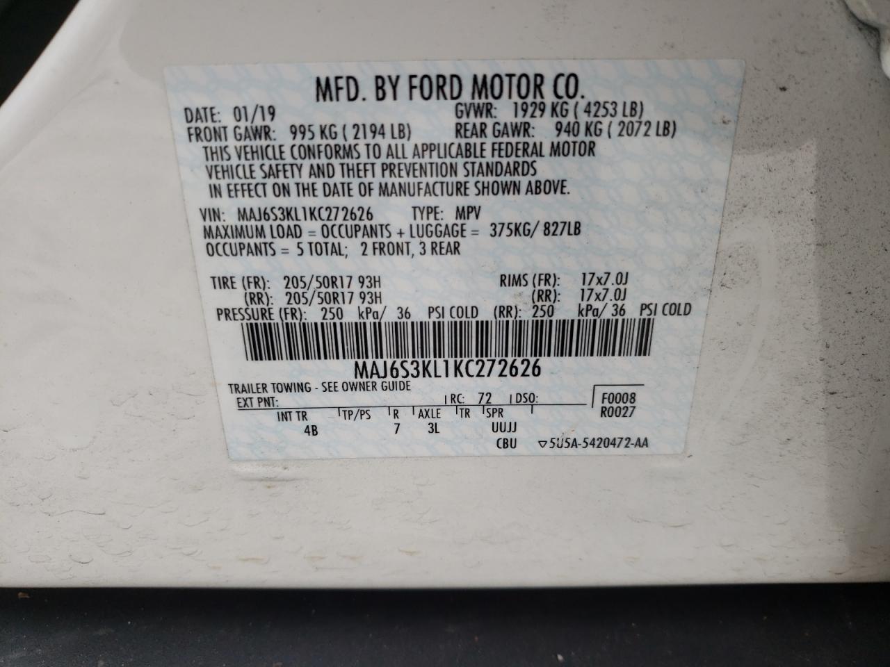 Photo 10 from auction – 2019 FORD ECOSPORT T with VIN MAJ6S3KL1KC272626