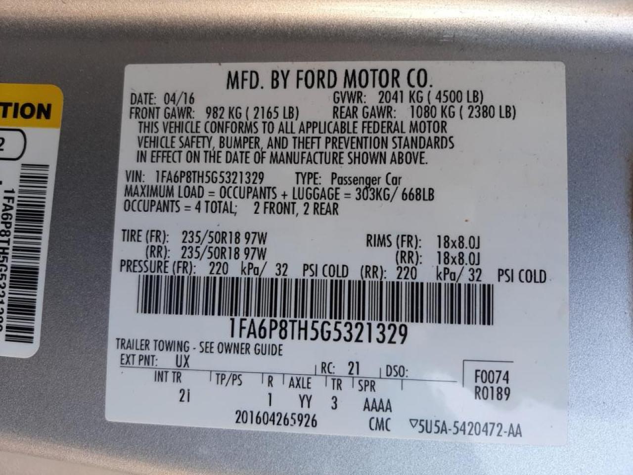Photo 10 from auction – 2016 FORD MUSTANG with VIN 1FA6P8TH5G5321329