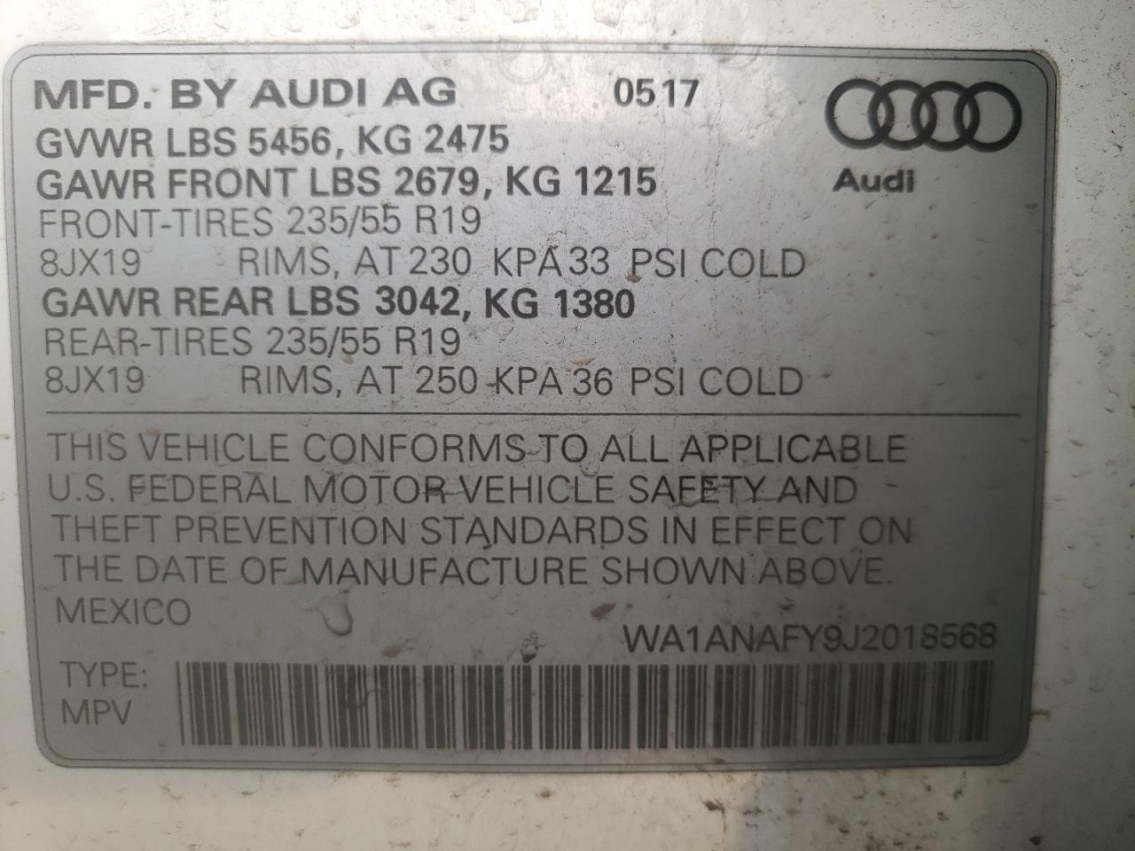 Photo 10 from auction – 2018 AUDI Q5 PREMIUM with VIN WA1ANAFY9J2018568