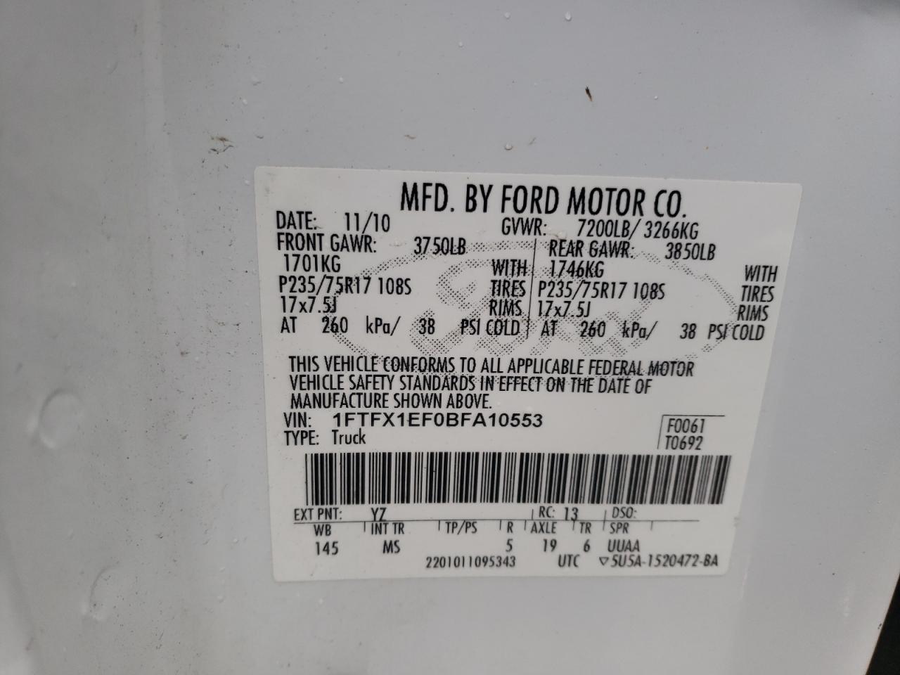 Photo 10 from auction – 2011 FORD F150 SUPER with VIN 1FTFX1EF0BFA10553