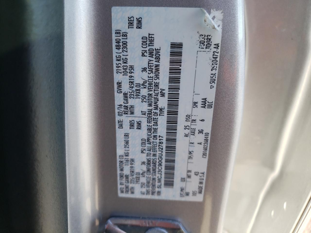 Photo 10 from auction – 2016 LINCOLN MKC RESERV with VIN 5LMCJ3C90GUJ27817