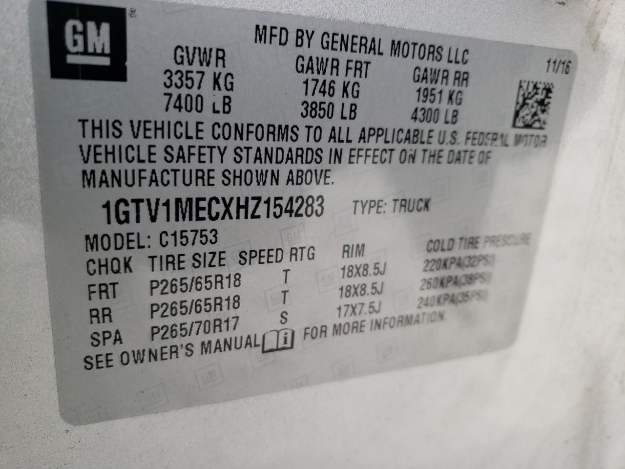 Photo 10 from auction – 2017 GMC SIERRA C15 with VIN 1GTV1MECXHZ154283