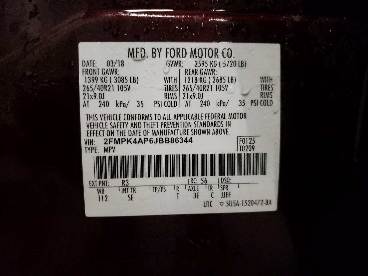 Photo 10 from auction – 2018 FORD EDGE SPORT with VIN 2FMPK4AP6JBB86344